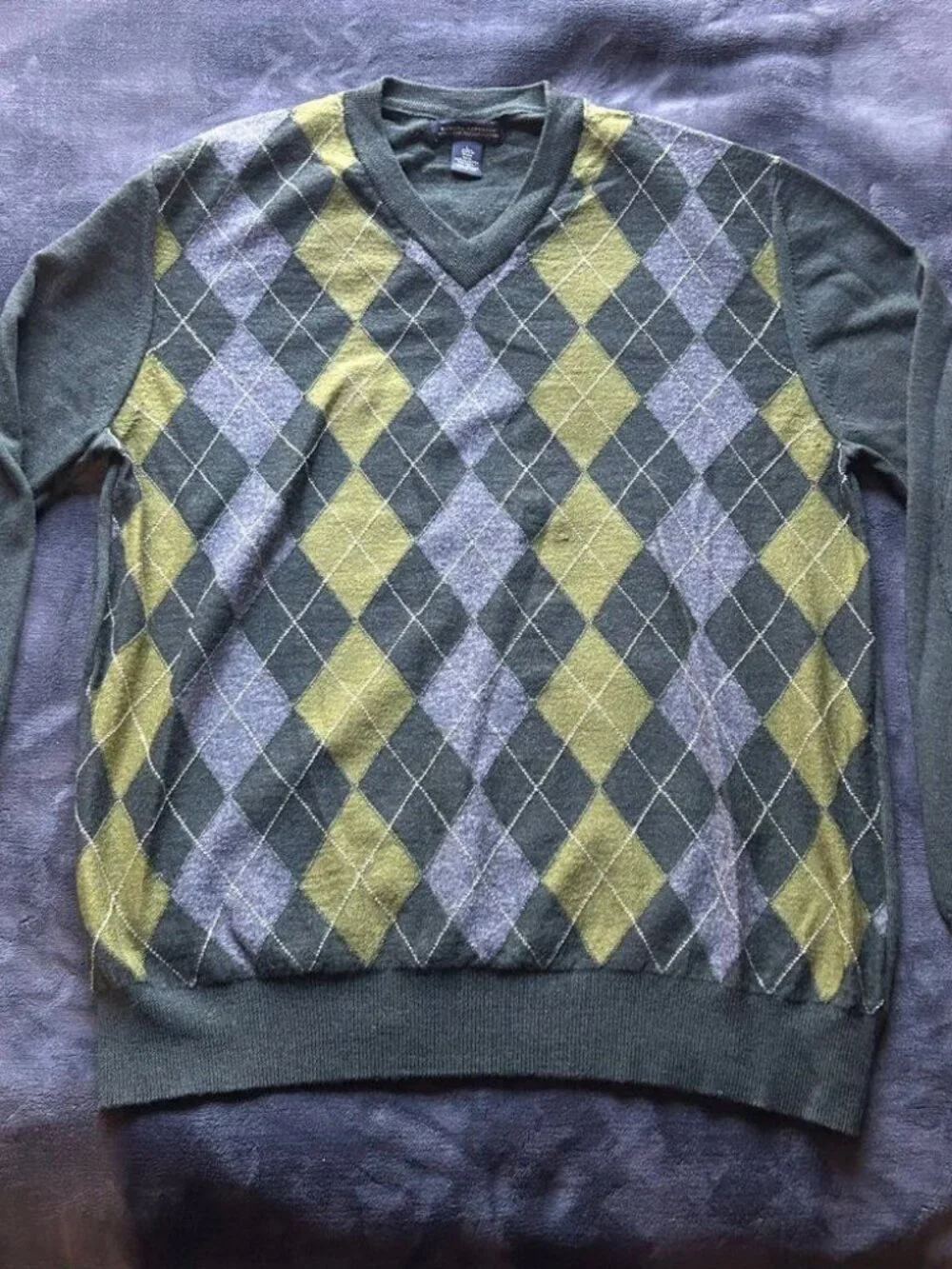 Banana Republic Italian Merino Argyle V-Neck Sweater L Green Mens